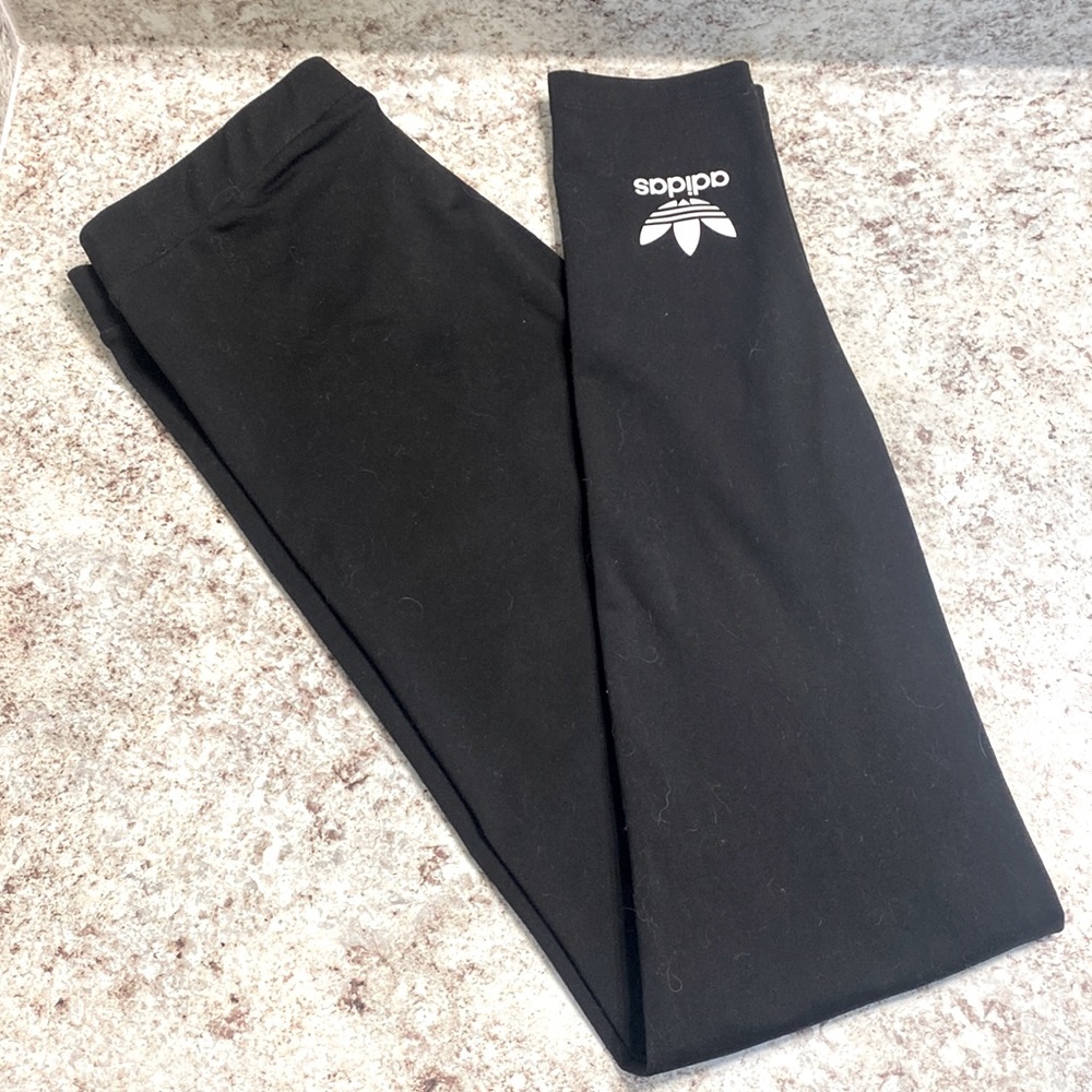 Like New Womens Adidas Black Full Length Leggings with Accent Logo on Ankles
